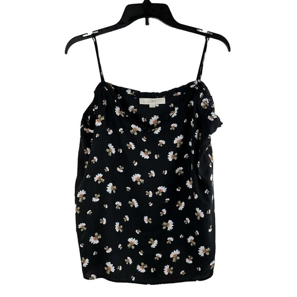LOFT Size Medium Black Floral Print Ruffle Camisole Top Sleeveless V-Neck - Picture 1 of 6